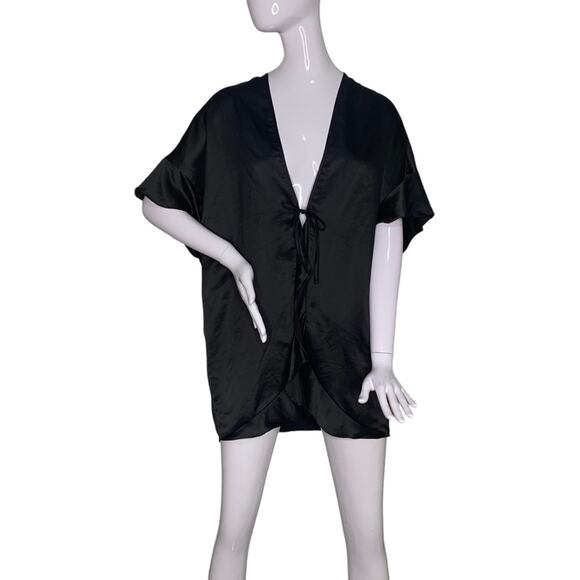 Victoria’s Secret Black Satin Robe Tide on Front White Love Print on Back OS - Picture 2 of 8